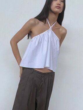 Striped Halter Napkin Top in White and Light Blue